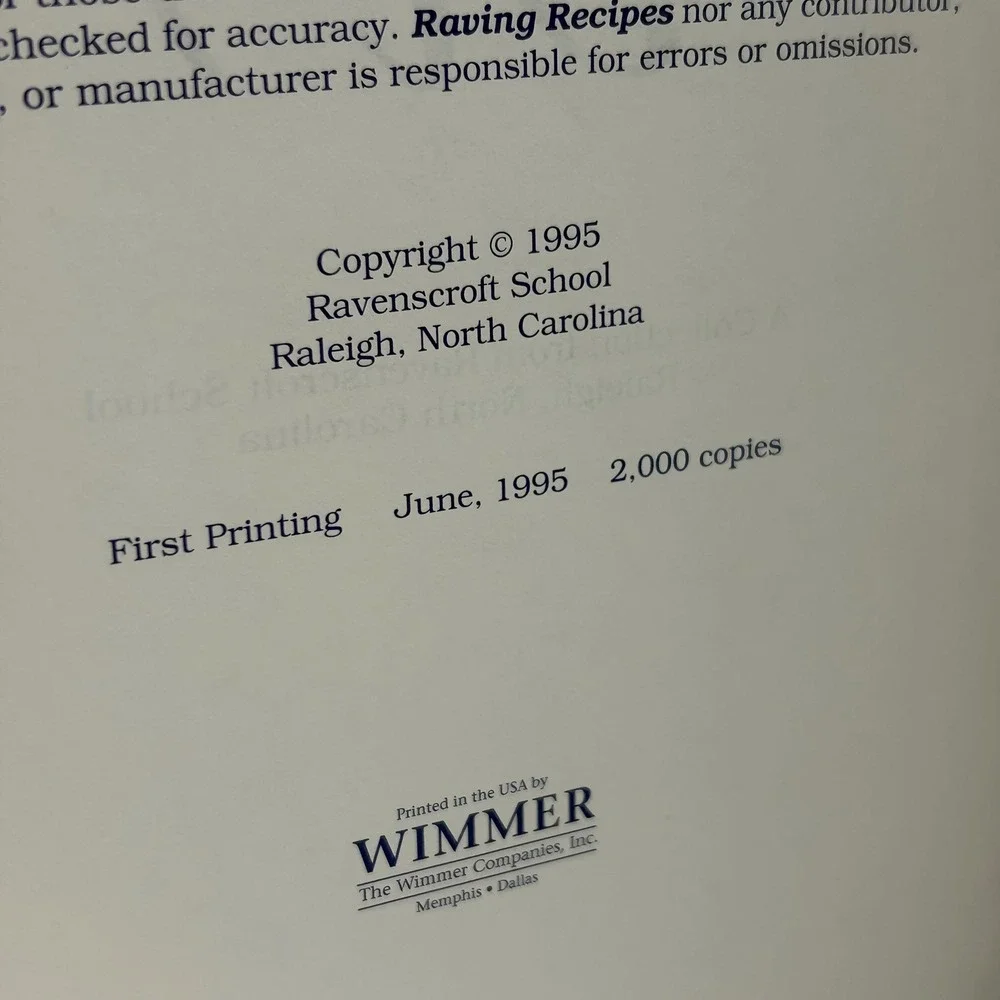 Raving Recipes Ravenscroft School Cookbook 1995‎ First Printing Raleigh NC